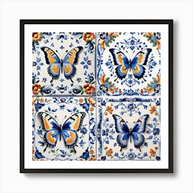 Delft Tiles Butterflies in Blue Art Print