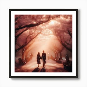 Couple Walking Under Cherry Blossoms Art Print