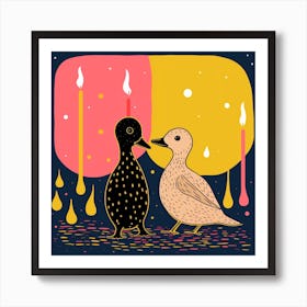 Ducklings At Night Linocut Style 4 Art Print