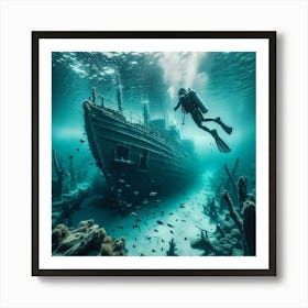 Into The Water Snorkeling In Amsterdam S Crystal Clear Lake, Unveiling A Sunken Shipwreck Style Hyperrealistic Underwater Art (1) Art Print