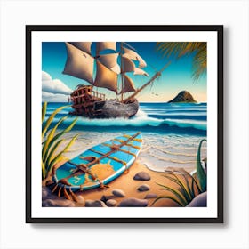 Beach Scene Sailing Ship Wreck In The Foregroun Art Print