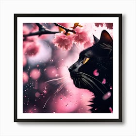 Black Cat amongst the Cherry Blossom Trees on a Rainy Day Art Print
