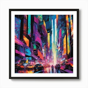 Cyberpunk Cityscape Neon Cubism Style Art Print