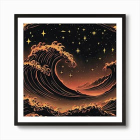 Dark Waves And Stars Under Cosmic Night Sky Art Print