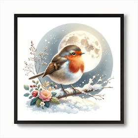 Robin sitting on a snowy branch with the moon Art Print