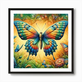Title: "Kaleidoscope Awakening"  Description: "Kaleidoscope Awakening" is a vivid tapestry of nature, showcasing a radiant butterfly with intricately patterned wings that celebrate the diversity of life. The artwork is a symphony of vibrant hues, with each color blending seamlessly into the next, against a backdrop of flourishing flora. This visual feast is an homage to transformation and growth, making it an ideal piece for spaces that embrace nature, vitality, and the art of metamorphosis. Art Print