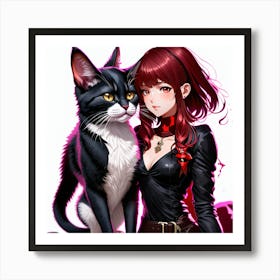 Anime Girl With Cat Art Print