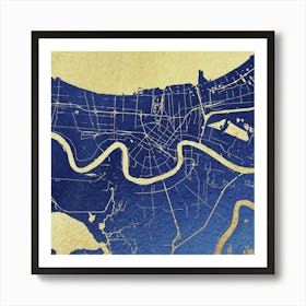 New Orleans Gold On Blue Street Map Art Print