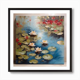 Surface of water with water lilies and maple leaves 3 Art Print