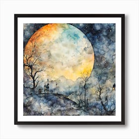 Smooth Water Color Painting of a Full Moon Night in a old medival Village near a Forest Art Print