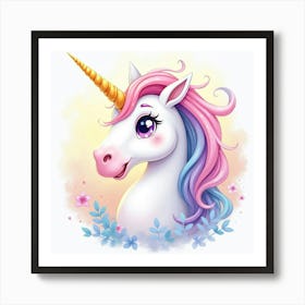 Radiant Unicorn With A Golden Horn, Watercolor 1 Art Print