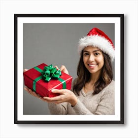 Happy Young Woman With Christmas Gift Art Print