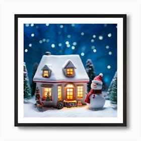 Miniature House Aglow With Warm Lights Nestled In A Snowy Landscape A Snowman Standing Sentinel Nea Art Print