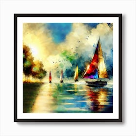 Sea Sailboats Blue Sky Sunset Artwork Art Print