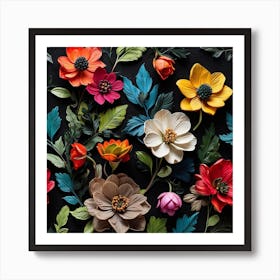 Paper Flowers On Black Background Art Print