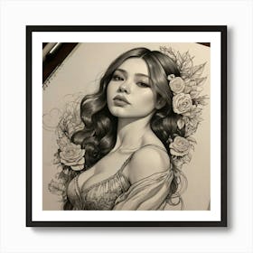 Asian Girl With Roses Art Print