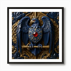 A mesmerizing coat of arms, featuring a striking eye at its center, is primarily adorned in the regal color of midnight blue. Two majestic griffins stand proudly on either side, with crossed weapons beneath them, all against a background shield. This detailed image, reminiscent of a medieval painting, exudes a sense of power and mystery. The craftsmanship is impeccable, with intricate details that command attention. The rich hues and intricate design make it a truly captivating and commanding piece of art. 3 Art Print