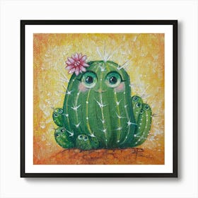 Cactus Family, Green Cactus with Big Eyes on a Yellow Background Póster