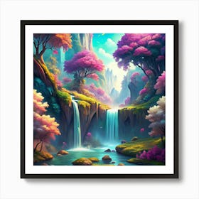 Waterfall In A Colorful Fantasy Landscape Art Print