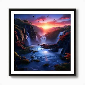 Wild Waterfall Landscape Nature With Blue And Red Birds Square On Sunset Art Print