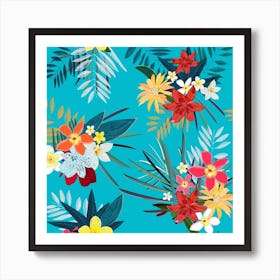 Frangipani, Lily Palm Leaves Tropical Vibrant Colored Trendy Summer Pattern Square Art Print