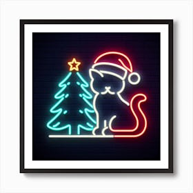 Neon Sign Cat With Christmas Tree Art Print