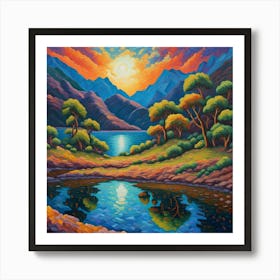 Twilight Brilliance: Sunset Reflections Over Tranquil Waters and Lush Mountainscape wall art. Art Print