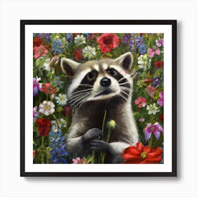 Raccoon in flower field 2 Art Print