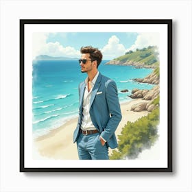 Sophisticated Man In Watercolor Attire, Stunning Coastal View 1 Art Print