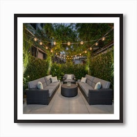 An inviting and well-designed outdoor space with comfortable seating, lush greenery, and ambient lighting, representing a welcoming atmosphere for patrons. This image is versatile and can be applied across various industries, such as hospitality, real estate, or lifestyle Art Print