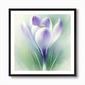 "Whispers of Spring"  A trio of crocuses emerges with grace, their violet and white hues a soft whisper against the gentle green canvas of new beginnings.  Step into the essence of spring with 'Whispers of Spring', a delicate portrayal of crocus flowers that symbolizes hope and joy. This artwork, with its soft brushstrokes and soothing colors, offers a serene retreat into nature's gentle embrace, ideal for creating a space of calm and reflection. Art Print