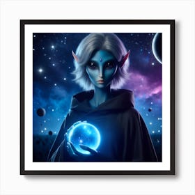 Alien Girl Holding A Blue Ball Art Print