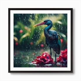 Red Beaked Blue Bird with Hibiscus Flowers Art Print