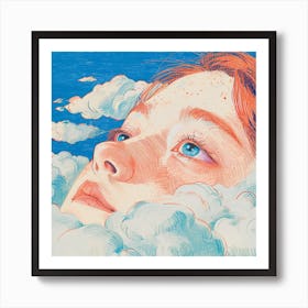 Cloudy Sky Woman's Portrait Hand Drawing Illustration Art Print