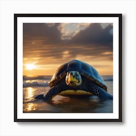 Turtle On The Beach At Sunset Art Print