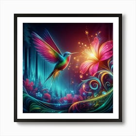 Create An Image High Definition Colorful Of A Hummingbird In A Neon Flower With An Ethereal Light The Landscape Is A Magical Forest 2 Art Print