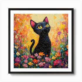 Black Cat In Flowers Art Print