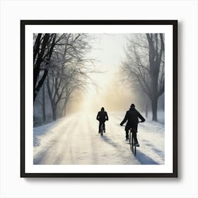 Two Cyclists On A Snowy Road Art Print