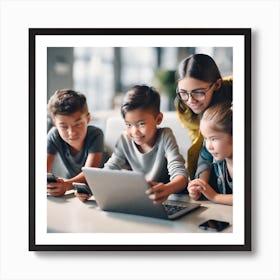 Group Of Children Using A Laptop Art Print