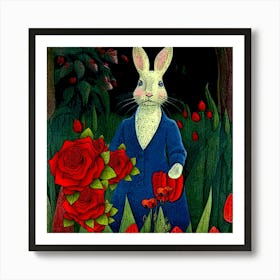 Rabbit In Blue Coat w Red Flowers Art Print