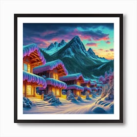 Mountain village snow wooden 6 6 Art Print