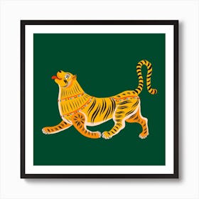 Happy Tiger Green Square Art Print