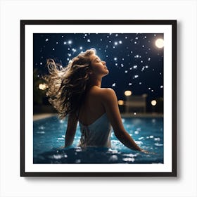 Beautiful Woman In The Pool At Night Art Print