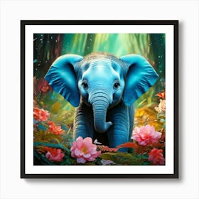 Firefly Adorable Turquoise Baby Elephant In A Magical Flowered Forest 54884 (2) Art Print