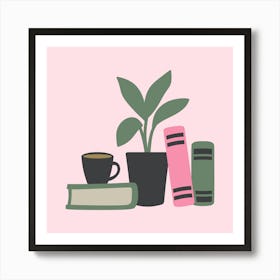Books with coffee and plant Art Print