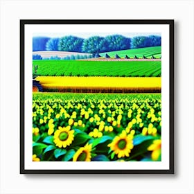 Field of sunflowers and blue trees Art Print