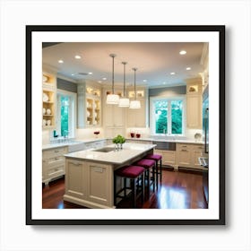 White Kitchen With Purple Stools Art Print