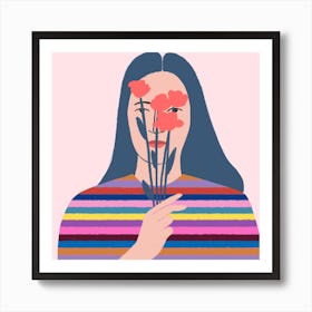 Girl With Flowers Square Art Print