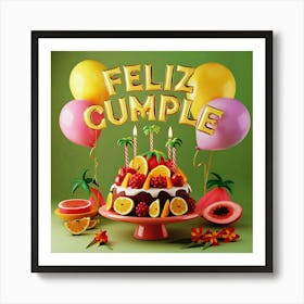 Feliz cumple and Feliz cumpleaños sign means Happy Birthday in Spanish language, Birthday party celebration gift with birthday cake candle colorful balloons best congratulation over light background wall artFeliz Cumple 61 Art Print