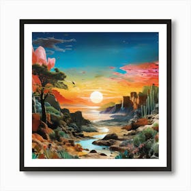 Sunset In The Desert, A Vibrant Collage Of Different Ecosystems Deserts Forests Oceans Seamlessly Blending Together 1 Art Print